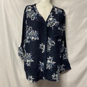 Simply Styled Petite Top Blouse XL Tab Pull Sleeves Navy Floral Hidden Buttons